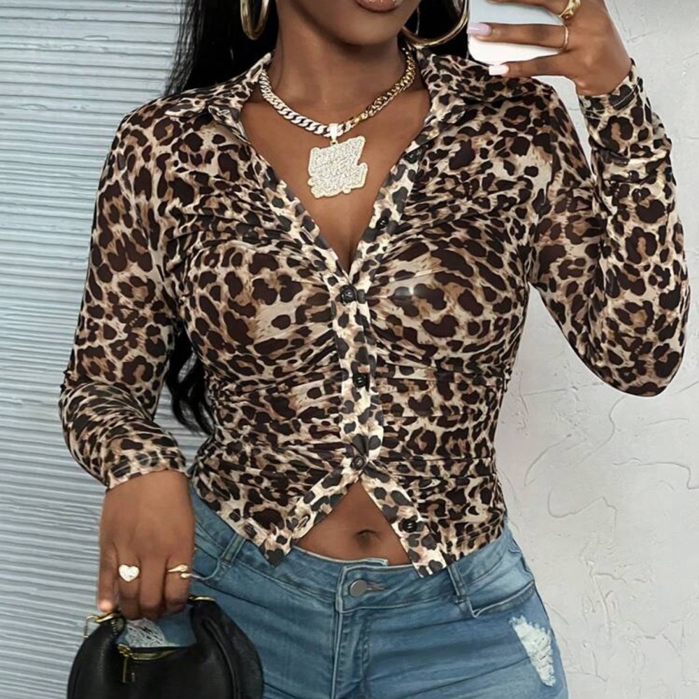 SHEIN Leopard Print Ruched Blouse